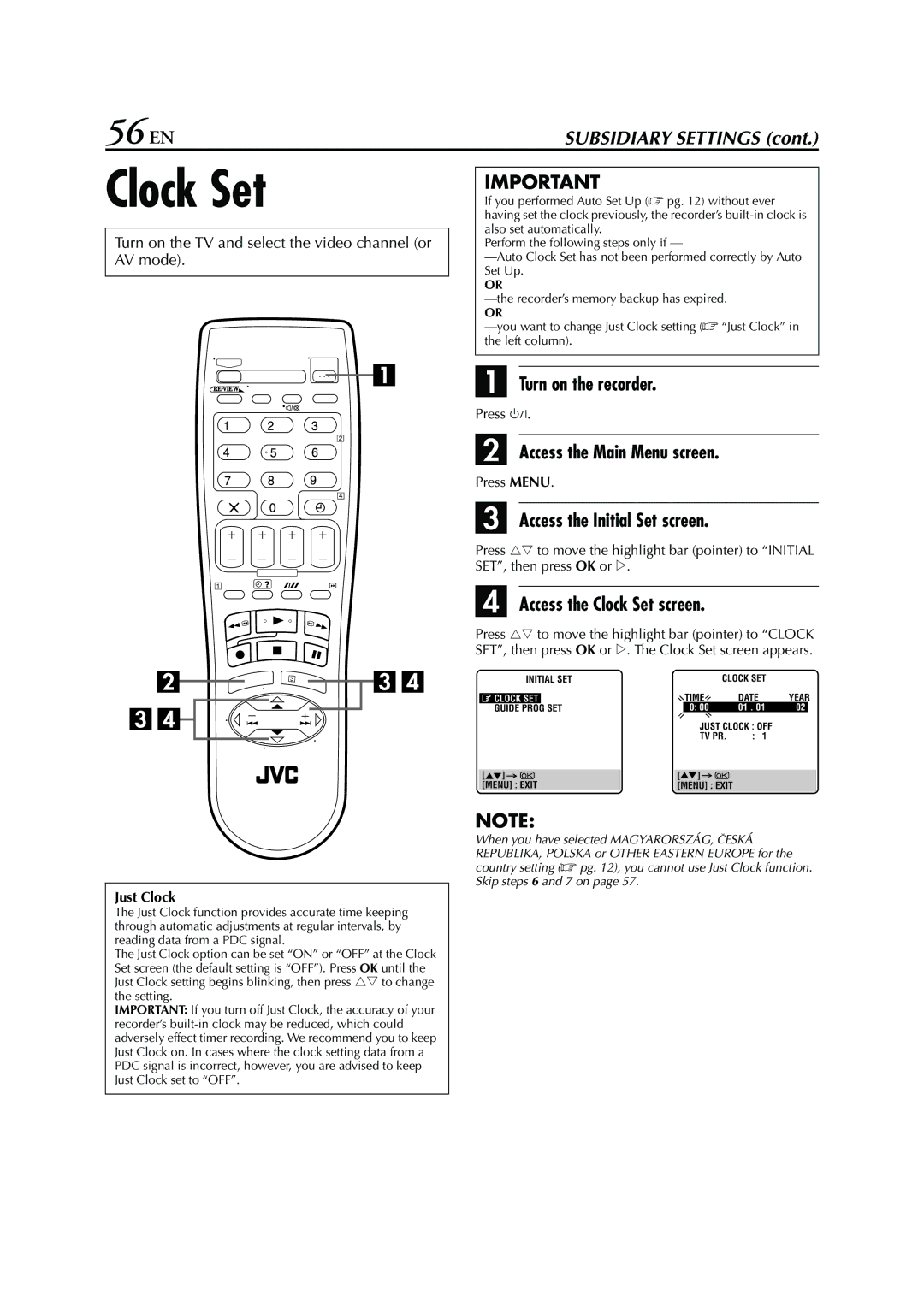 JVC SR-V10E specifications 56 EN, Access the Clock Set screen 