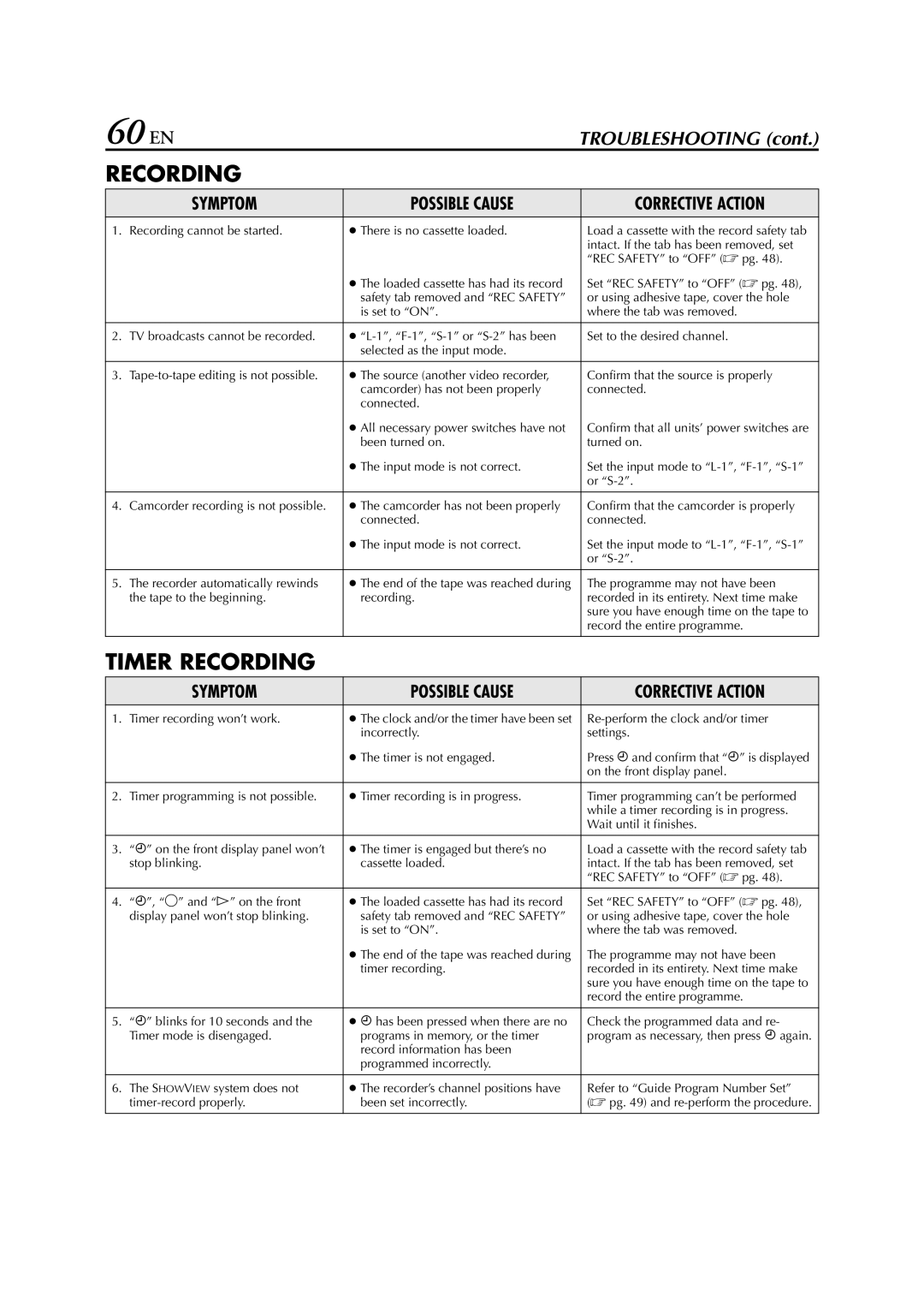 JVC SR-V10E specifications 60 EN, Recording 