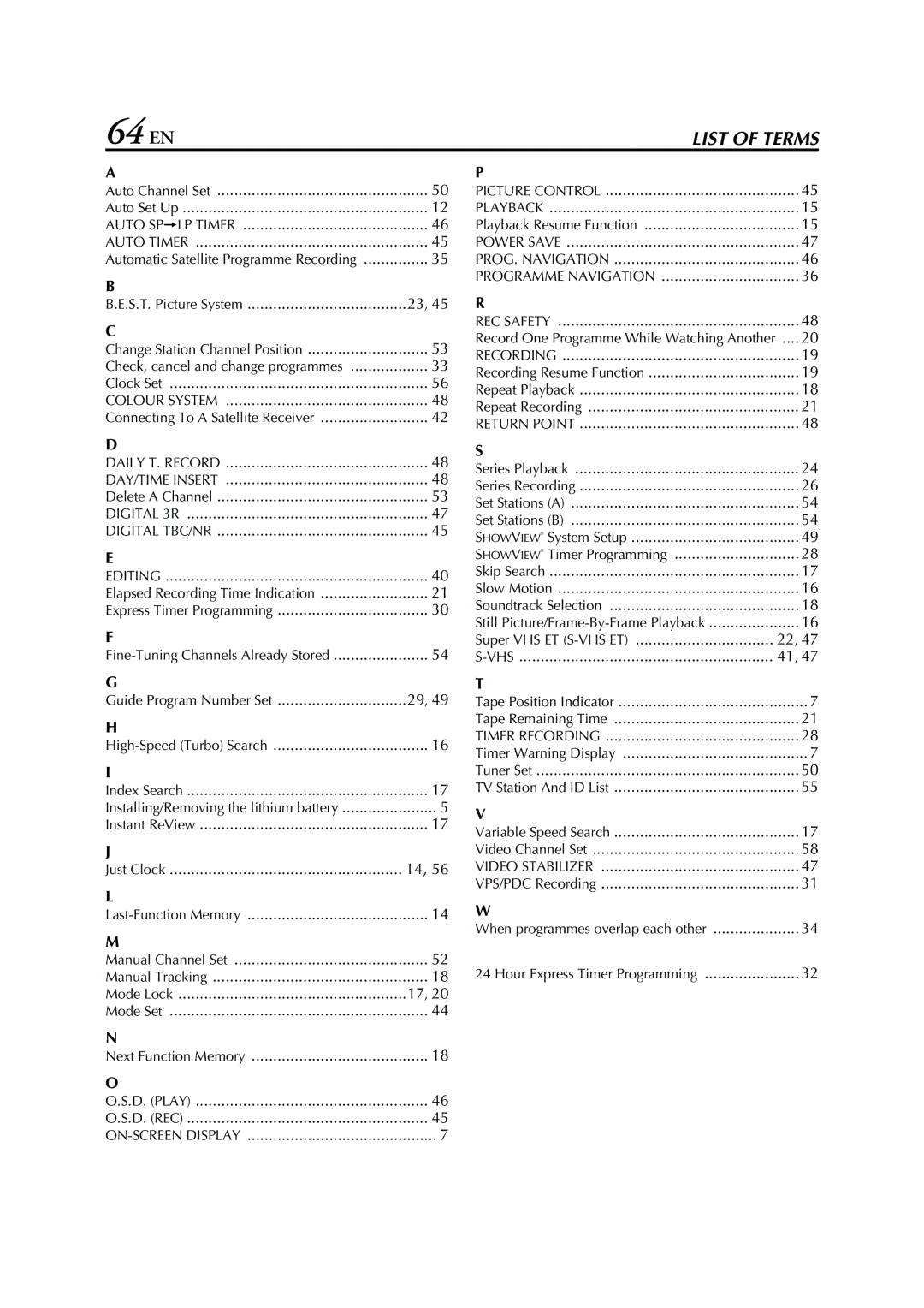 JVC SR-V10E specifications 64 EN 