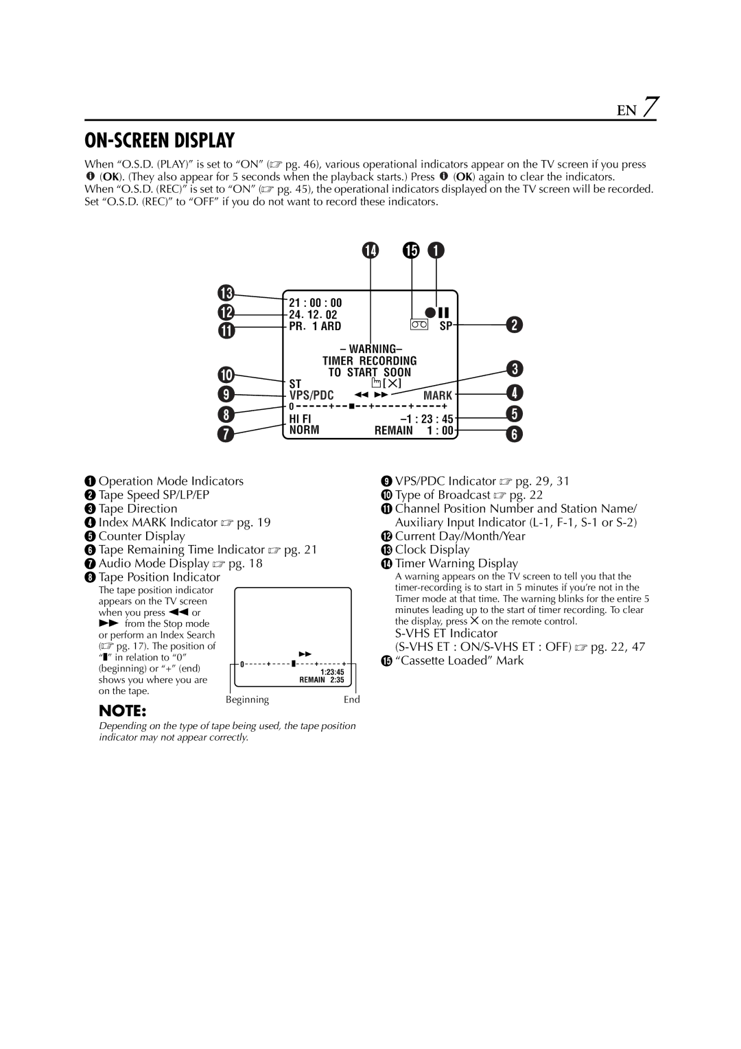 JVC SR-V10E specifications ON-SCREEN Display 