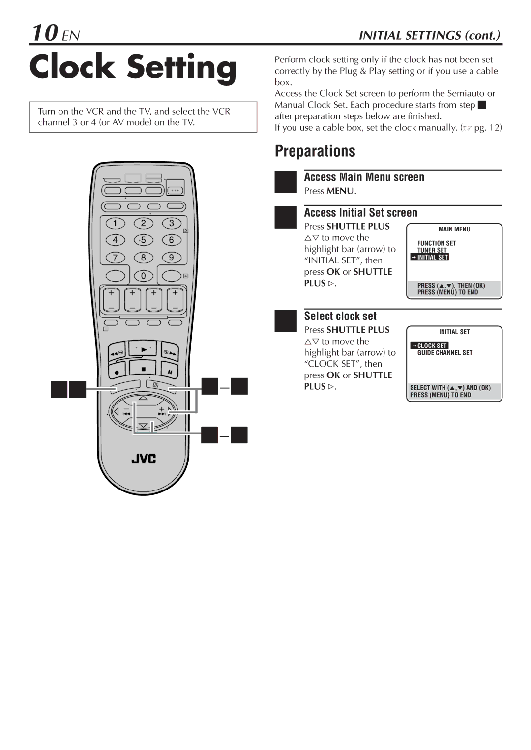 JVC SR-V10U manual Clock Setting, 10 EN, Preparations 