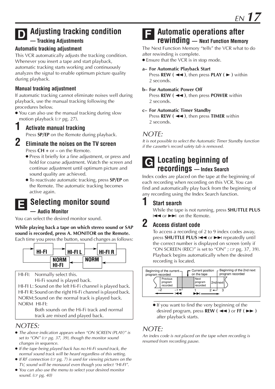 JVC SR-V10U manual Adjusting tracking condition, Selecting monitor sound, Automatic operations after, Locating beginning 