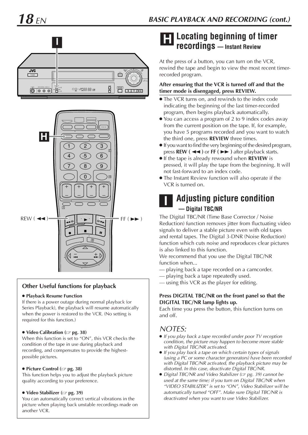 JVC SR-V10U 18 EN, Locating beginning of timer, Adjusting picture condition, Recordings Instant Review, Digital TBC/NR 