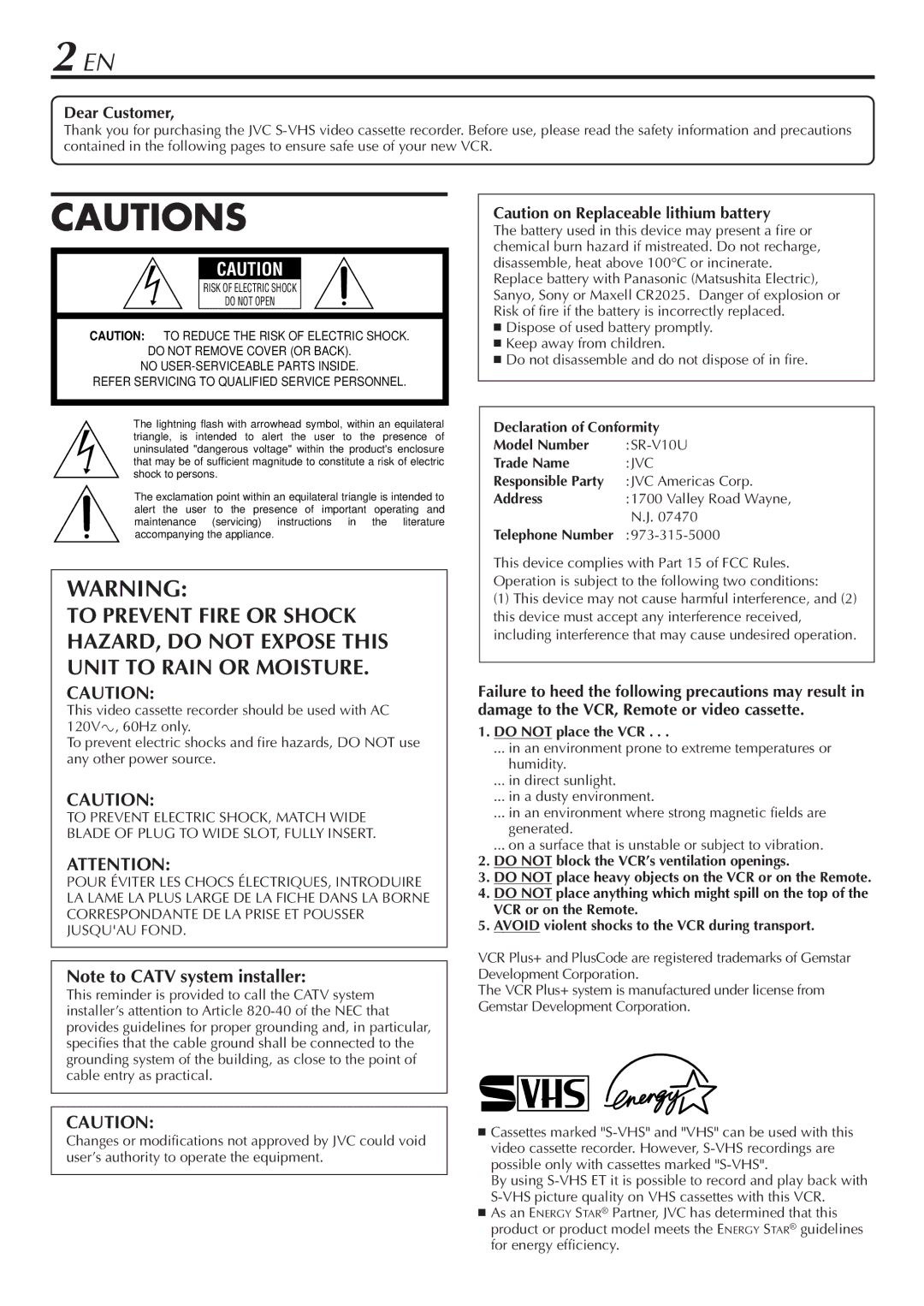 JVC SR-V10U manual Dear Customer, Telephone Number 