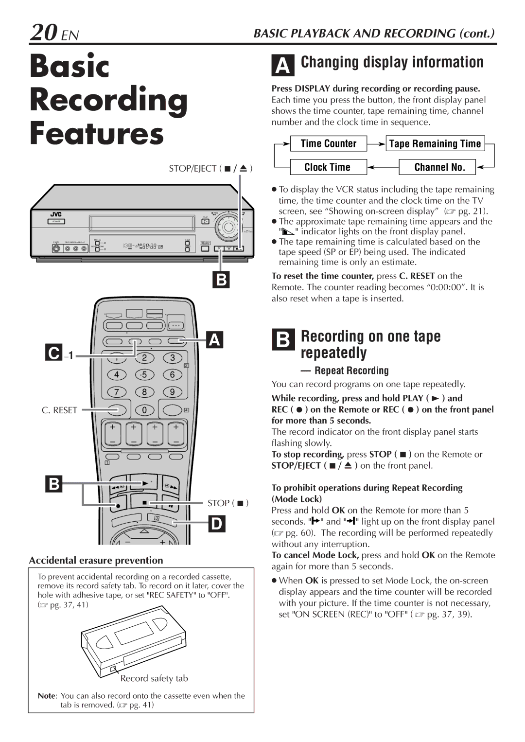 JVC SR-V10U manual Basic Recording Features, 20 EN, Time Counter, Channel No, Repeat Recording 