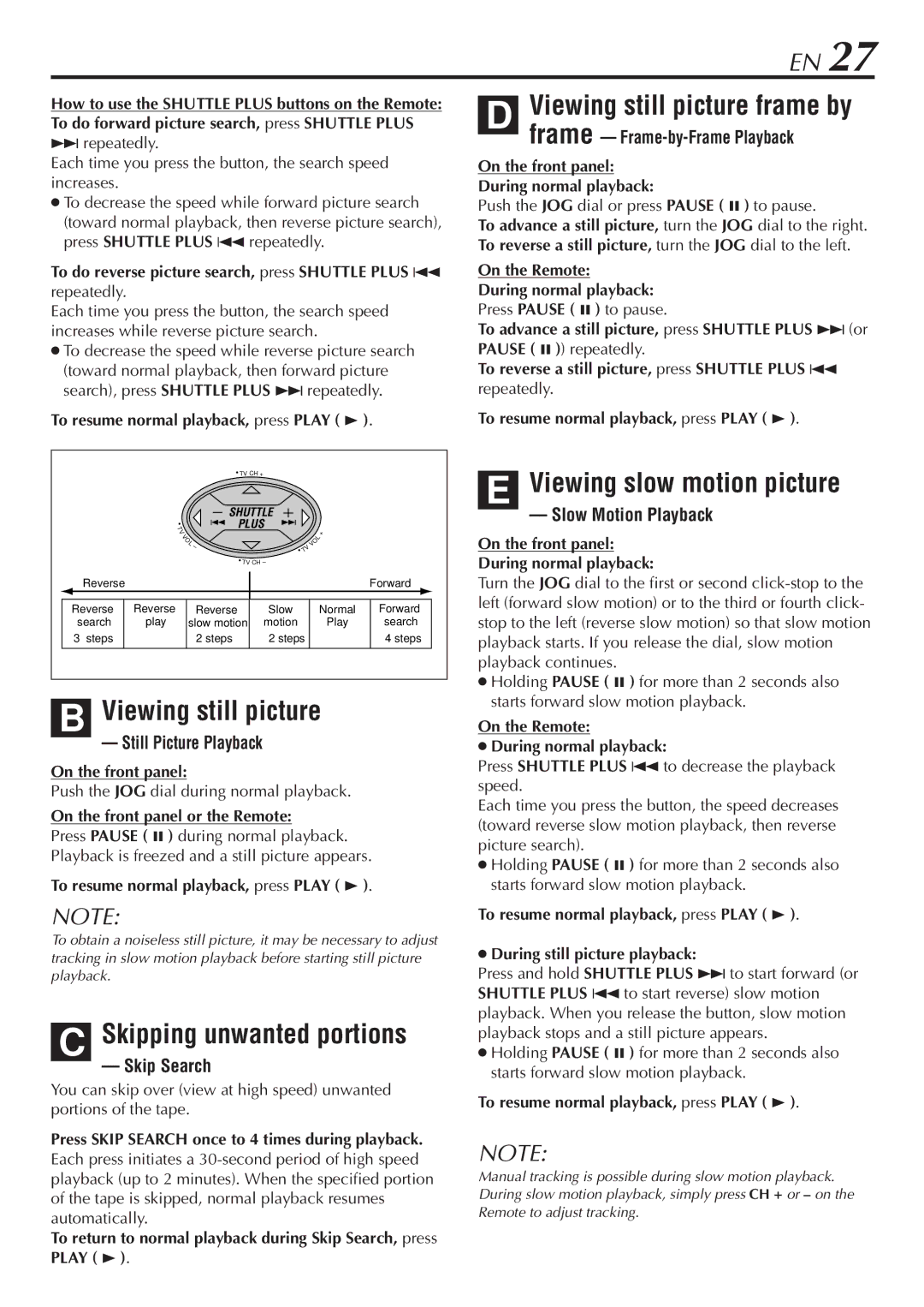 JVC SR-V10U manual Viewing still picture, Skipping unwanted portions, Viewing slow motion picture 