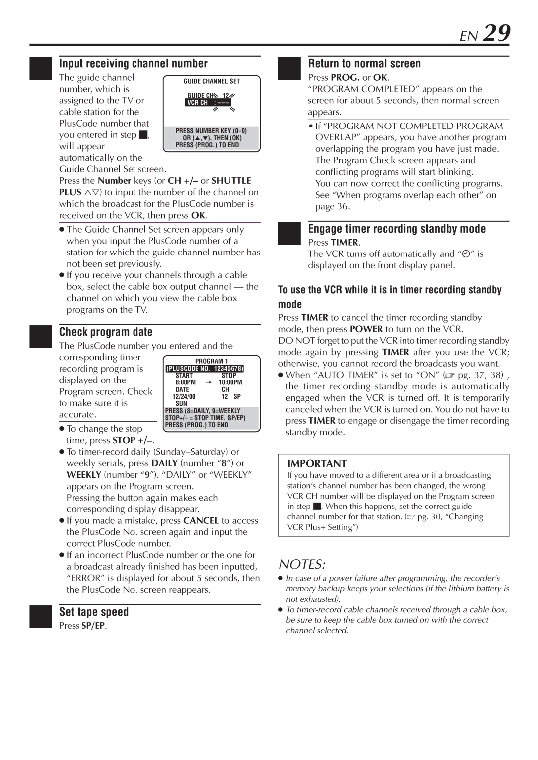 JVC SR-V10U manual Input receiving channel number, Check program date, Engage timer recording standby mode, Press SP/EP 