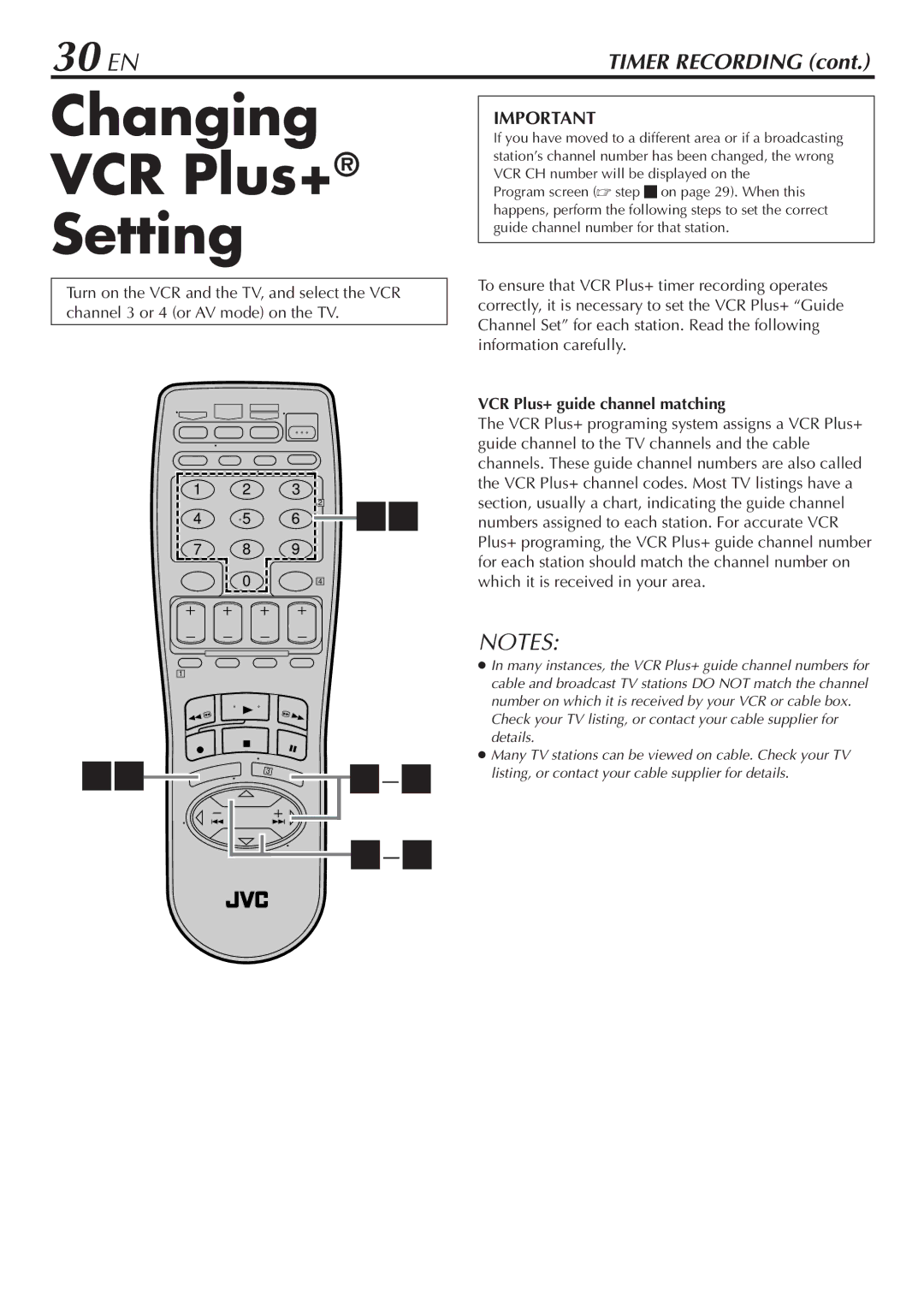 JVC SR-V10U manual Changing VCR Plus+ Setting, 30 EN, VCR Plus+ guide channel matching 