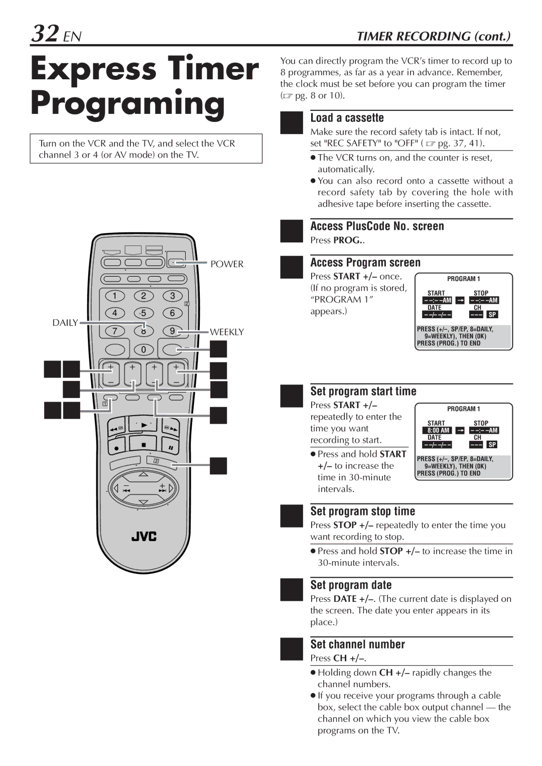 JVC SR-V10U manual Express Timer Programing, 32 EN 