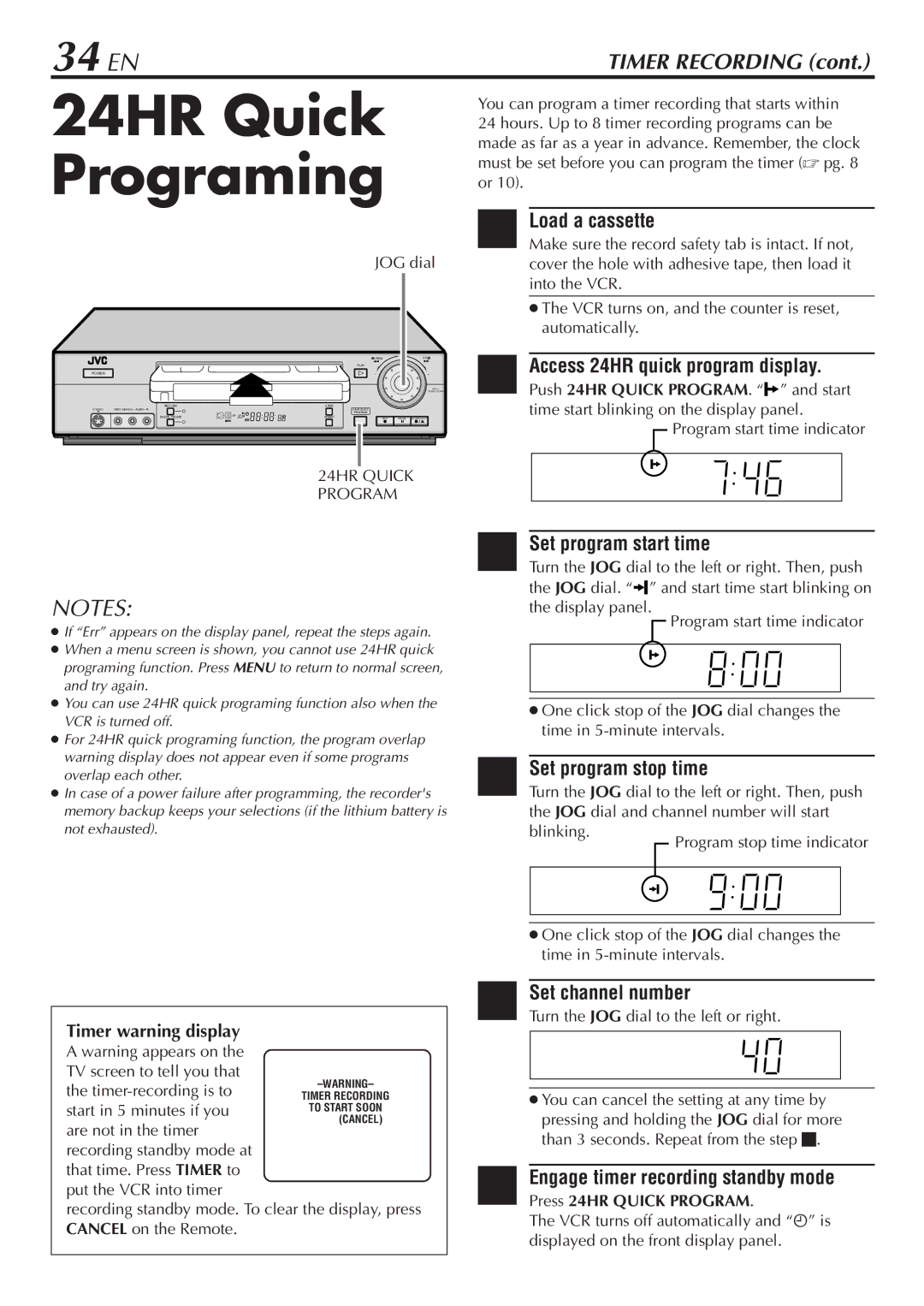 JVC SR-V10U 24HR Quick Programing, 34 EN, Access 24HR quick program display, Set program start time, Timer warning display 