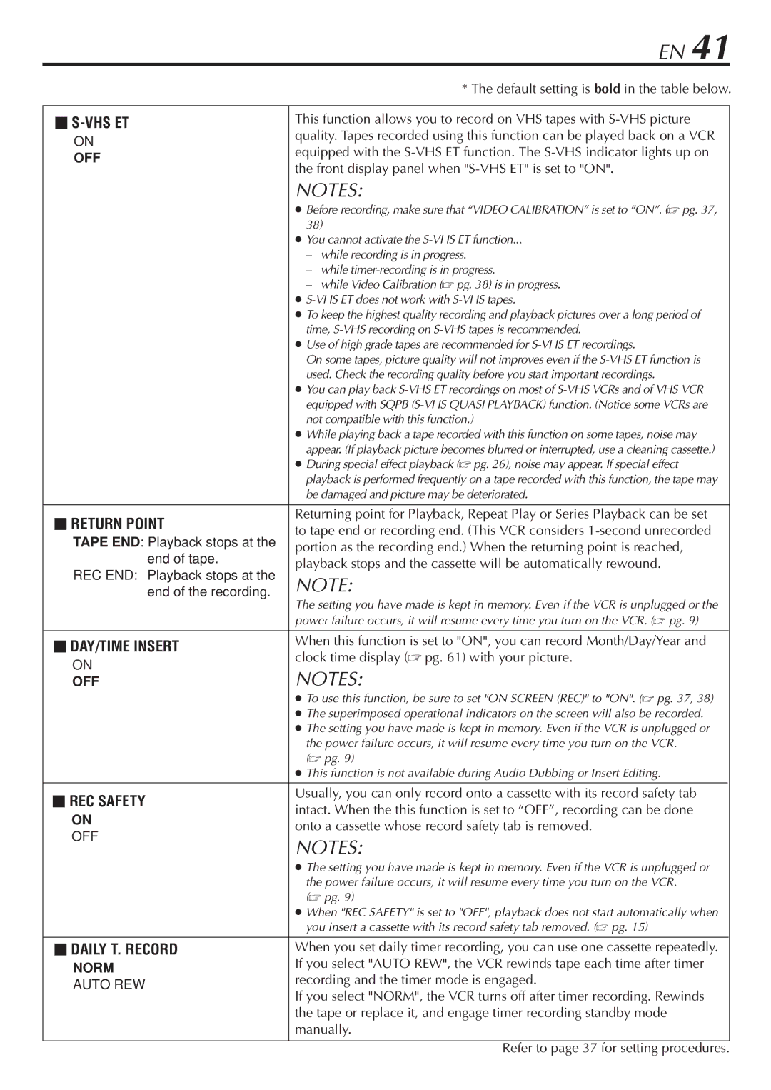 JVC SR-V10U manual Default setting is bold in the table below, Front display panel when S-VHS ET is set to on 