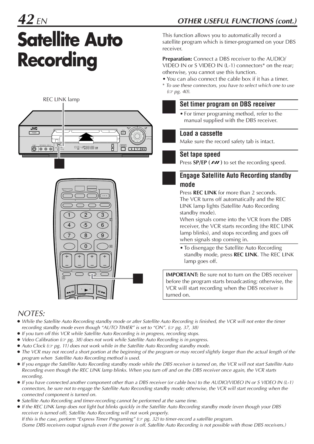 JVC SR-V10U manual 42 EN, Set timer program on DBS receiver, Engage Satellite Auto Recording standby mode 