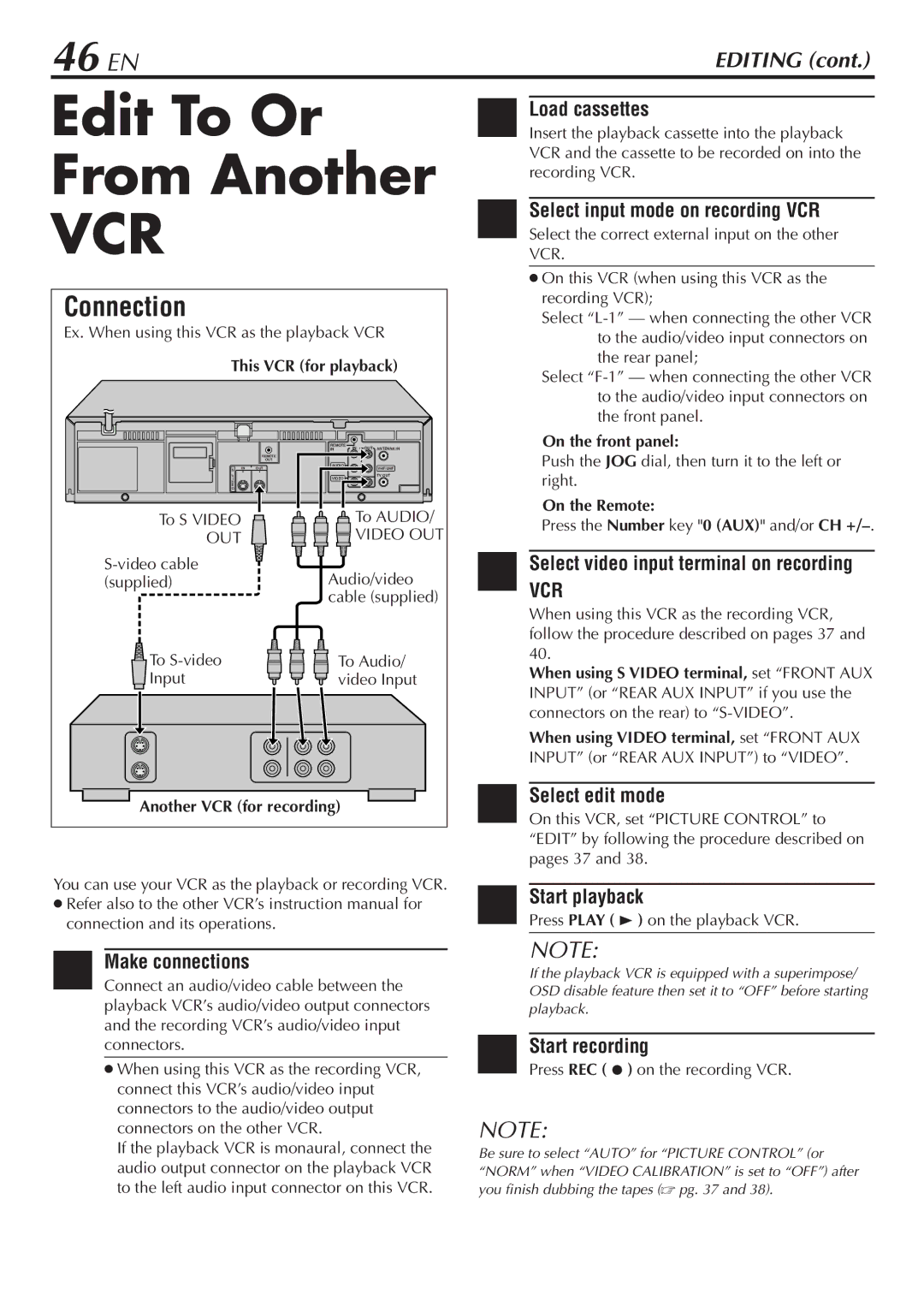 JVC SR-V10U manual Edit To Or From Another, 46 EN, Select video input terminal on recording, To S Video To Audio 