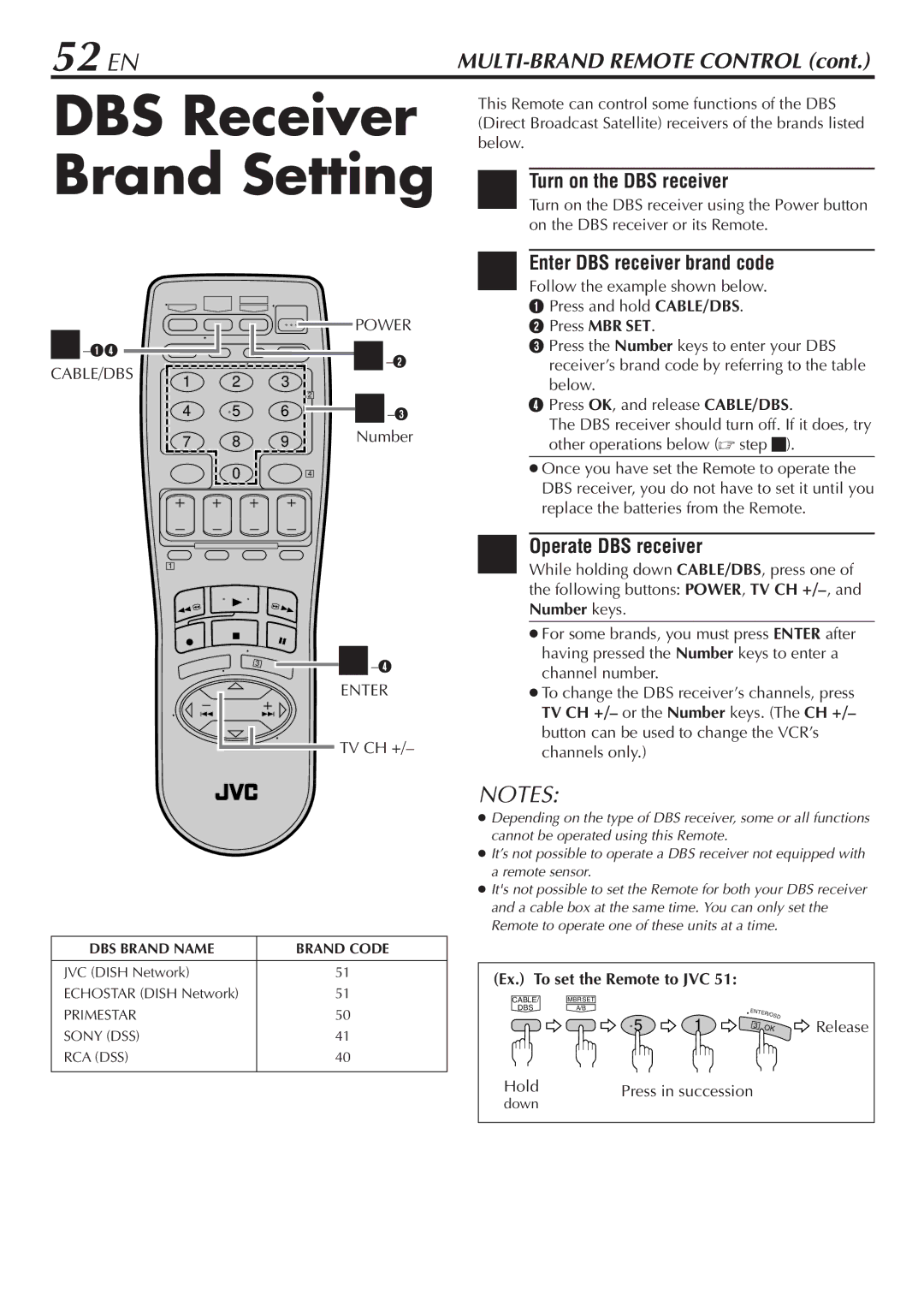 JVC SR-V10U manual DBS Receiver Brand Setting, 52 EN, Turn on the DBS receiver, Enter DBS receiver brand code 