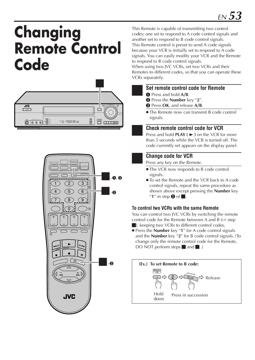 JVC SR-V10U manual Changing Remote Control Code, Set remote control code for Remote, Check remote control code for VCR 