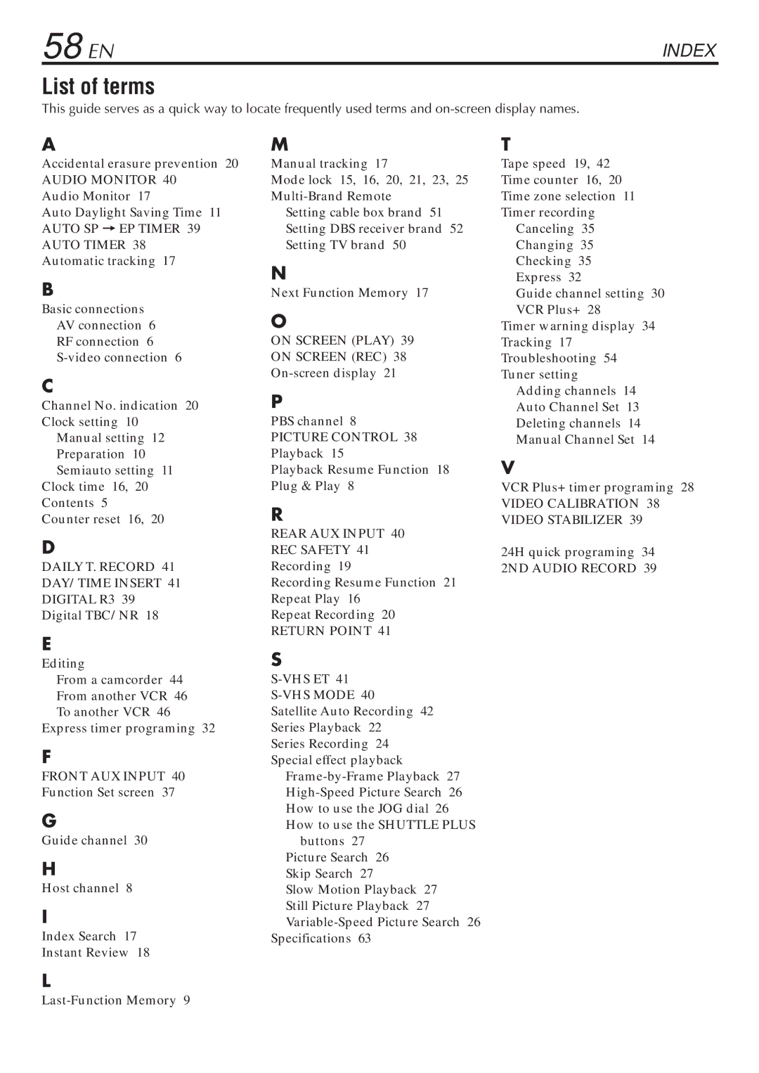 JVC SR-V10U manual 58 EN, List of terms 