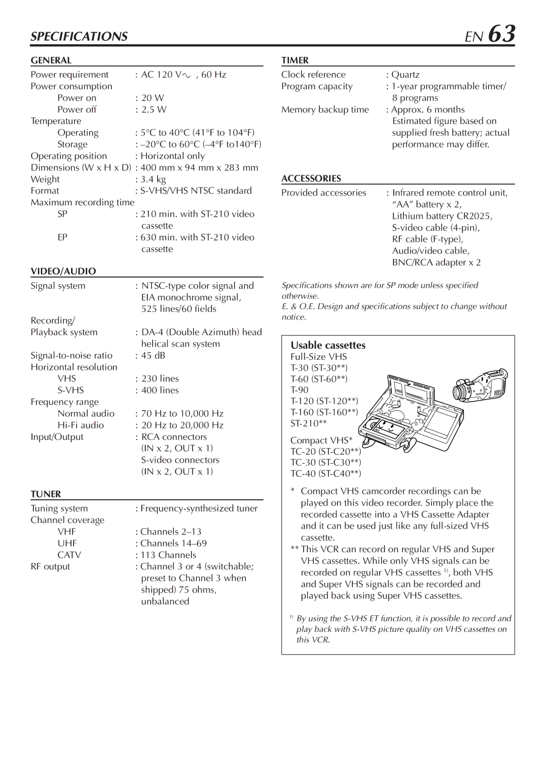 JVC SR-V10U manual Usable cassettes 