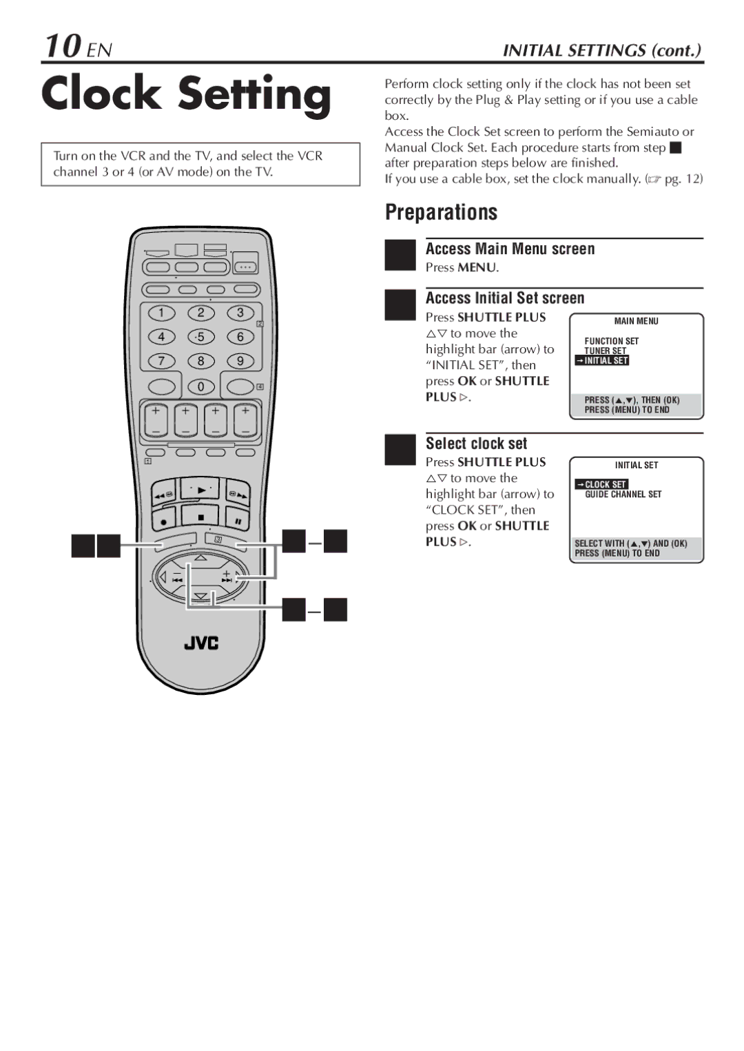 JVC SR-V10U manual Clock Setting, 10 EN, Preparations 