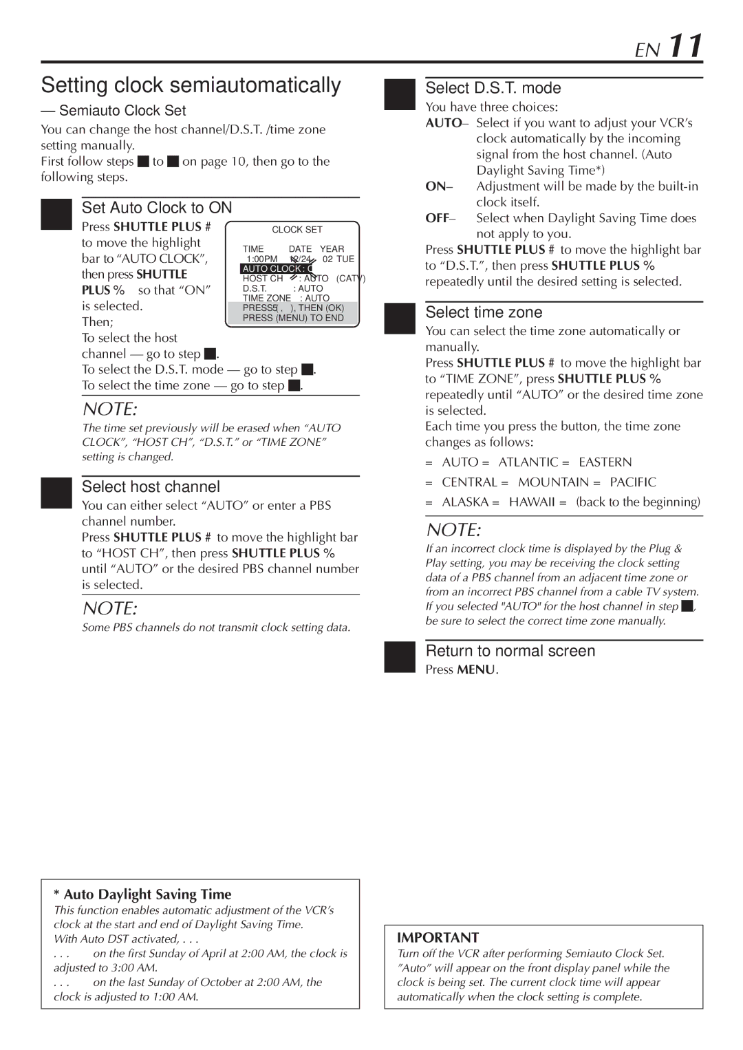 JVC SR-V10U manual Setting clock semiautomatically 