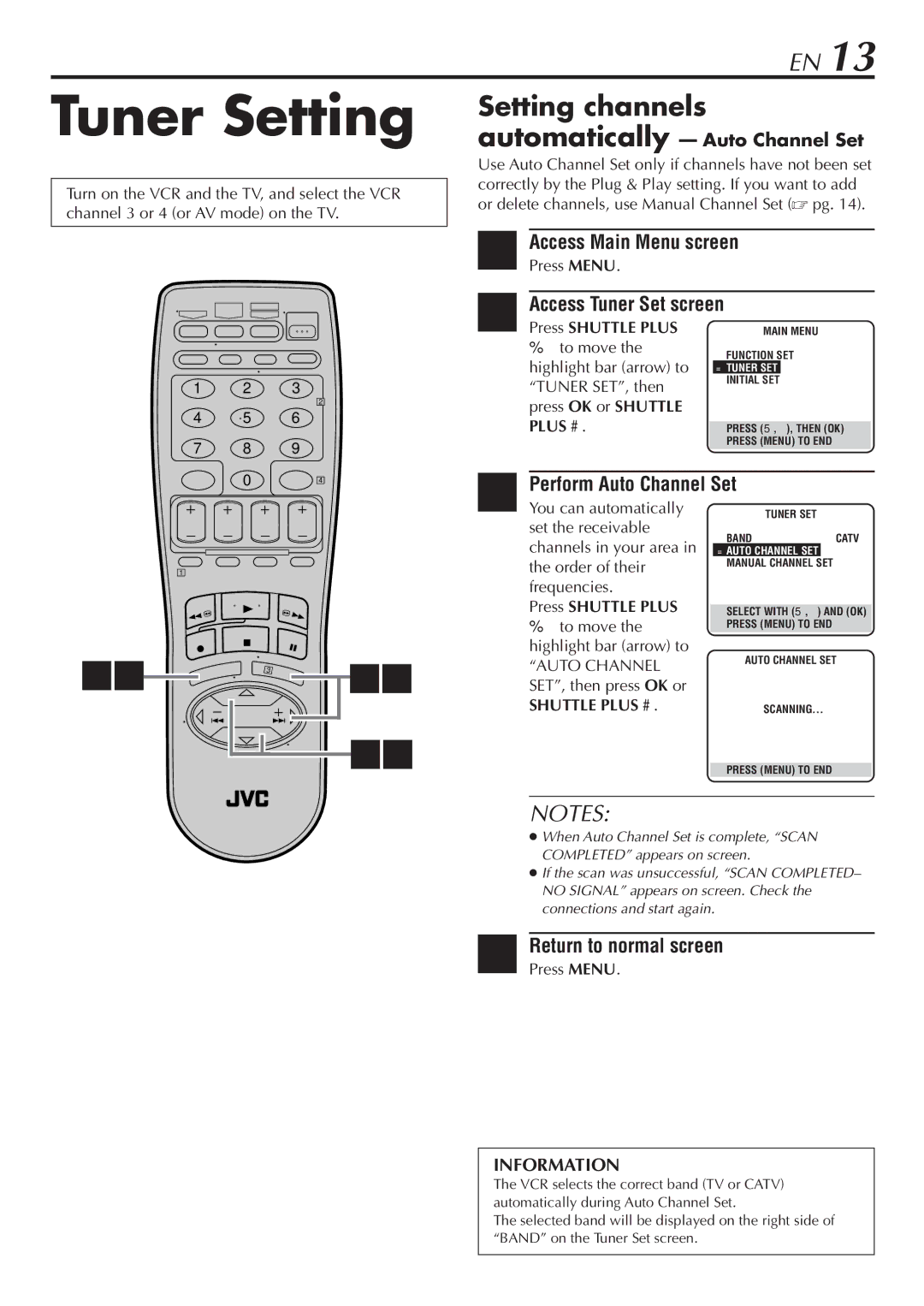 JVC SR-V10U manual Tuner Setting, Access Tuner Set screen, Perform Auto Channel Set, Automatically Auto Channel Set 