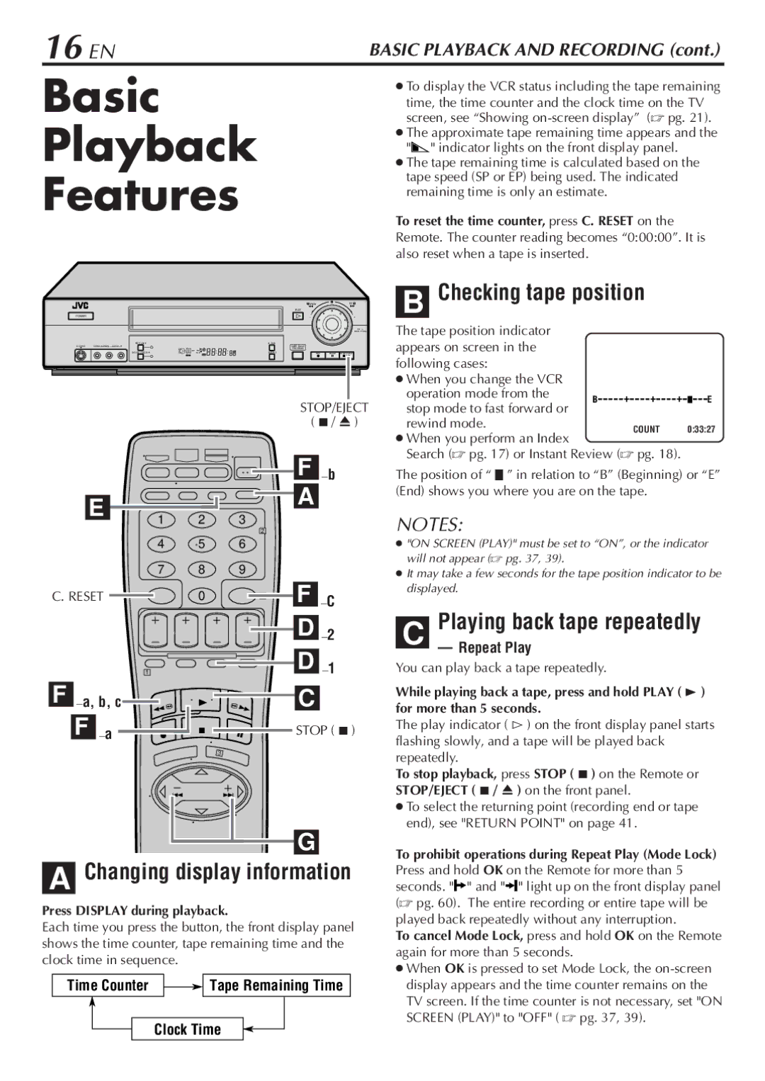 JVC SR-V10U manual Basic Playback Features, 16 EN, Changing display information, Checking tape position 