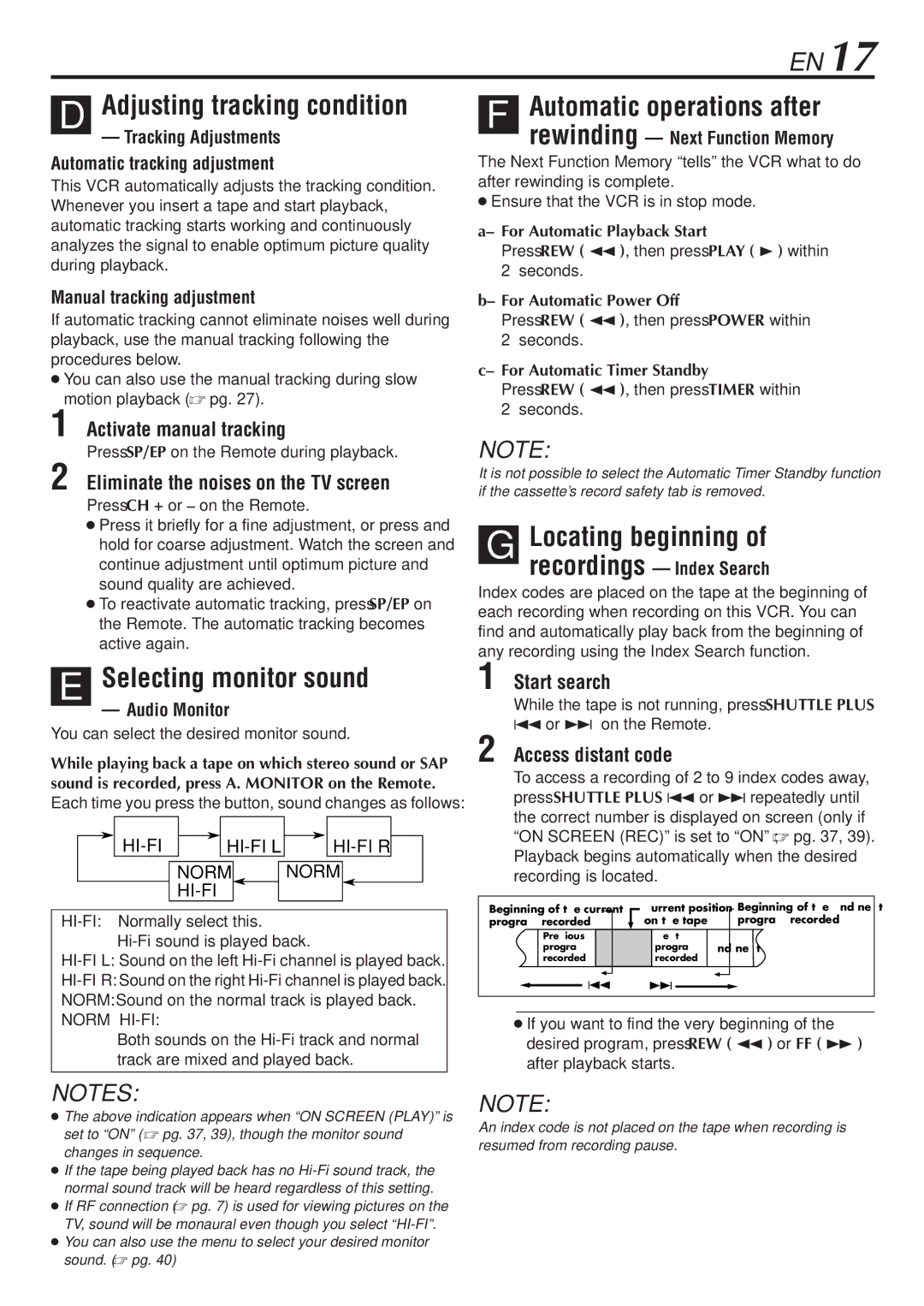 JVC SR-V10U manual Adjusting tracking condition, Selecting monitor sound, Automatic operations after, Locating beginning 