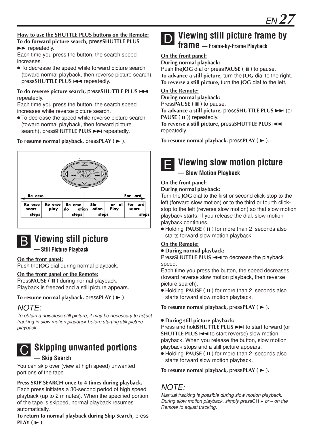 JVC SR-V10U manual Viewing still picture, Skipping unwanted portions, Viewing slow motion picture 