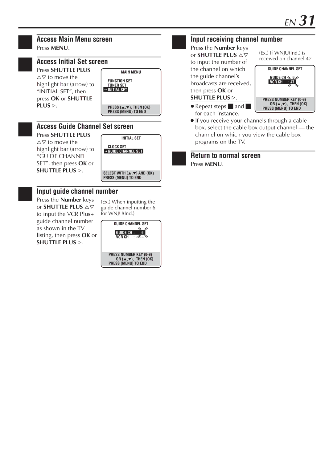 JVC SR-V10U manual Input guide channel number, Or Shuttle Plus %Þ 