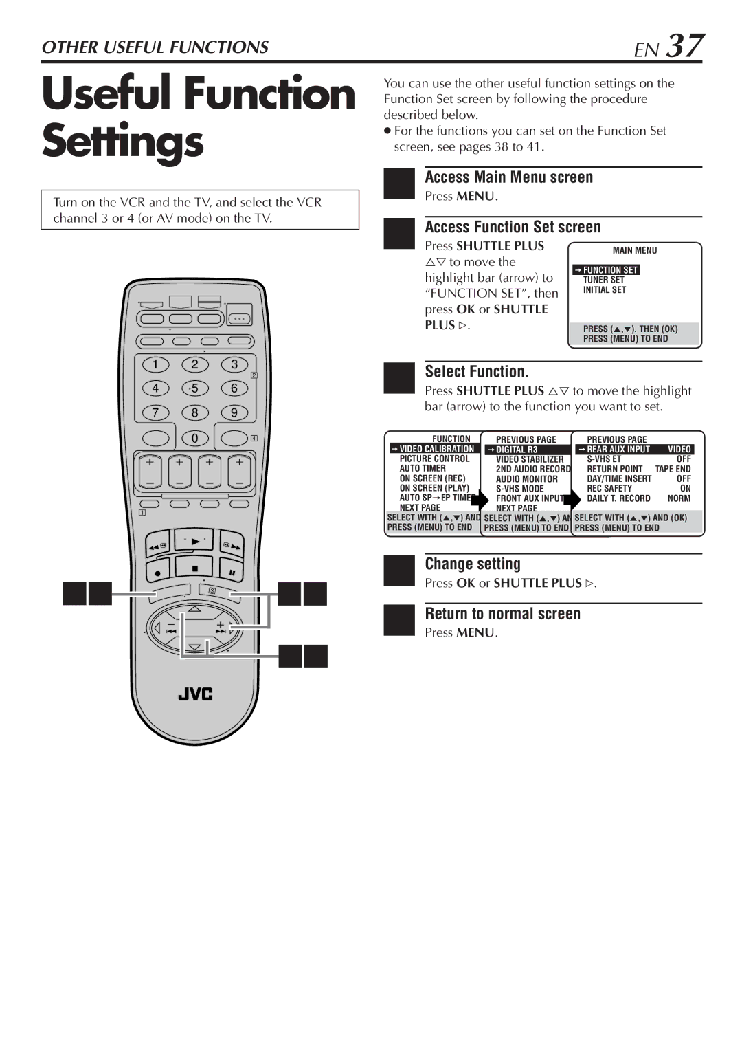 JVC SR-V10U manual Useful Function Settings, Access Function Set screen, Select Function, Change setting 