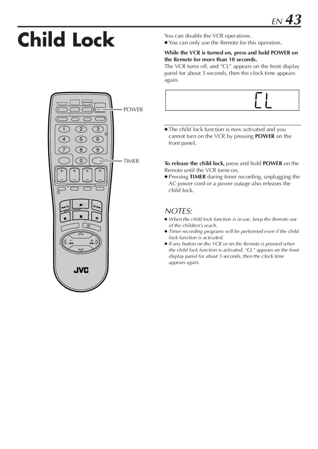 JVC SR-V10U manual Child Lock 