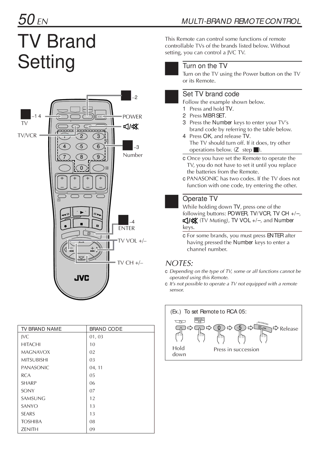 JVC SR-V10U manual TV Brand Setting, 50 EN, Turn on the TV, Set TV brand code, Operate TV 