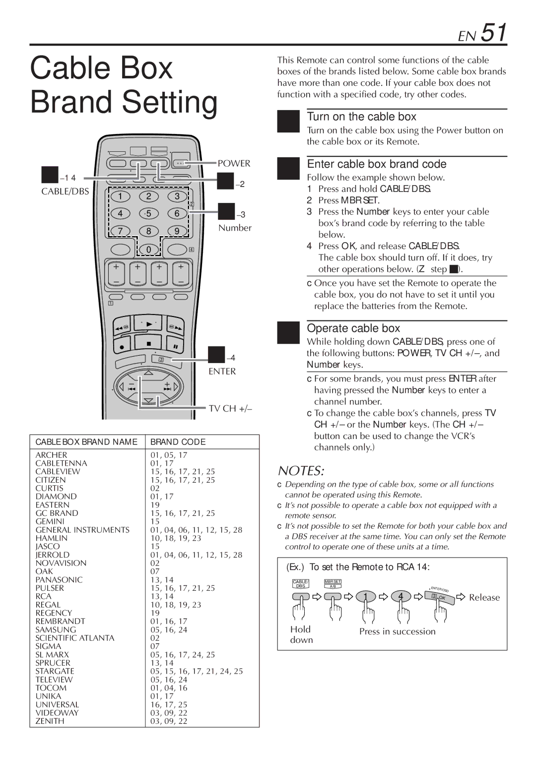 JVC SR-V10U manual Cable Box Brand Setting, Turn on the cable box, Enter cable box brand code, Operate cable box 