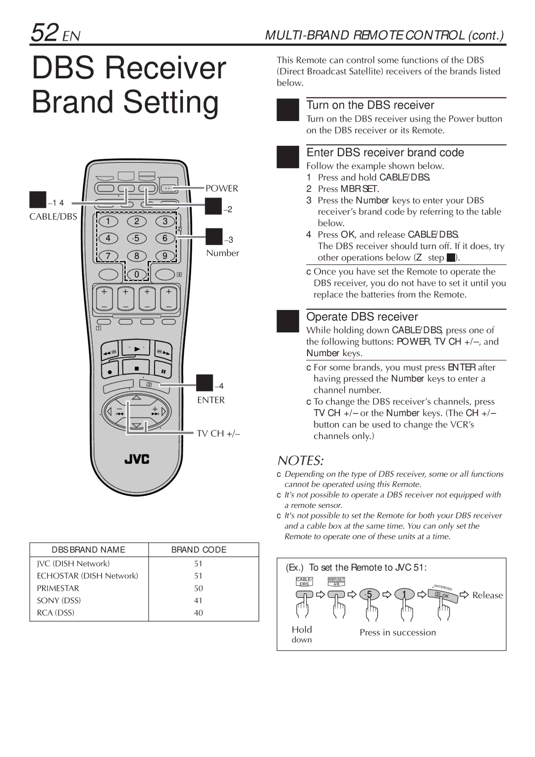 JVC SR-V10U manual DBS Receiver Brand Setting, 52 EN, Turn on the DBS receiver, Enter DBS receiver brand code 