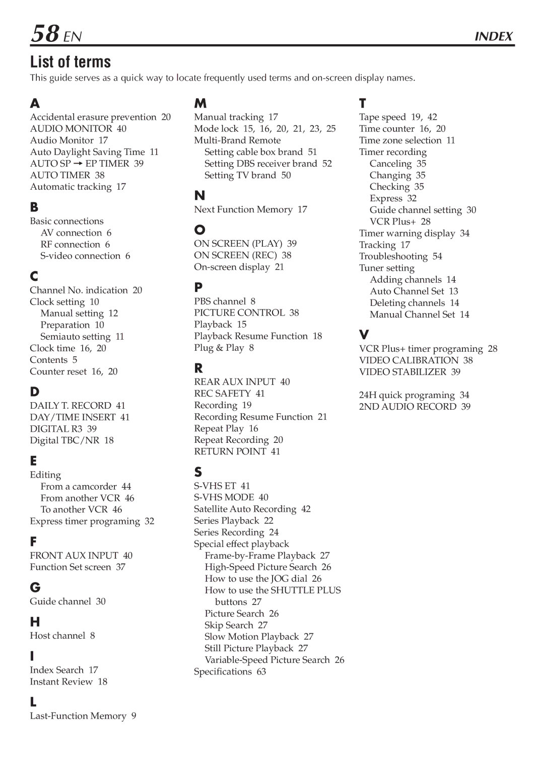 JVC SR-V10U manual 58 EN, List of terms 