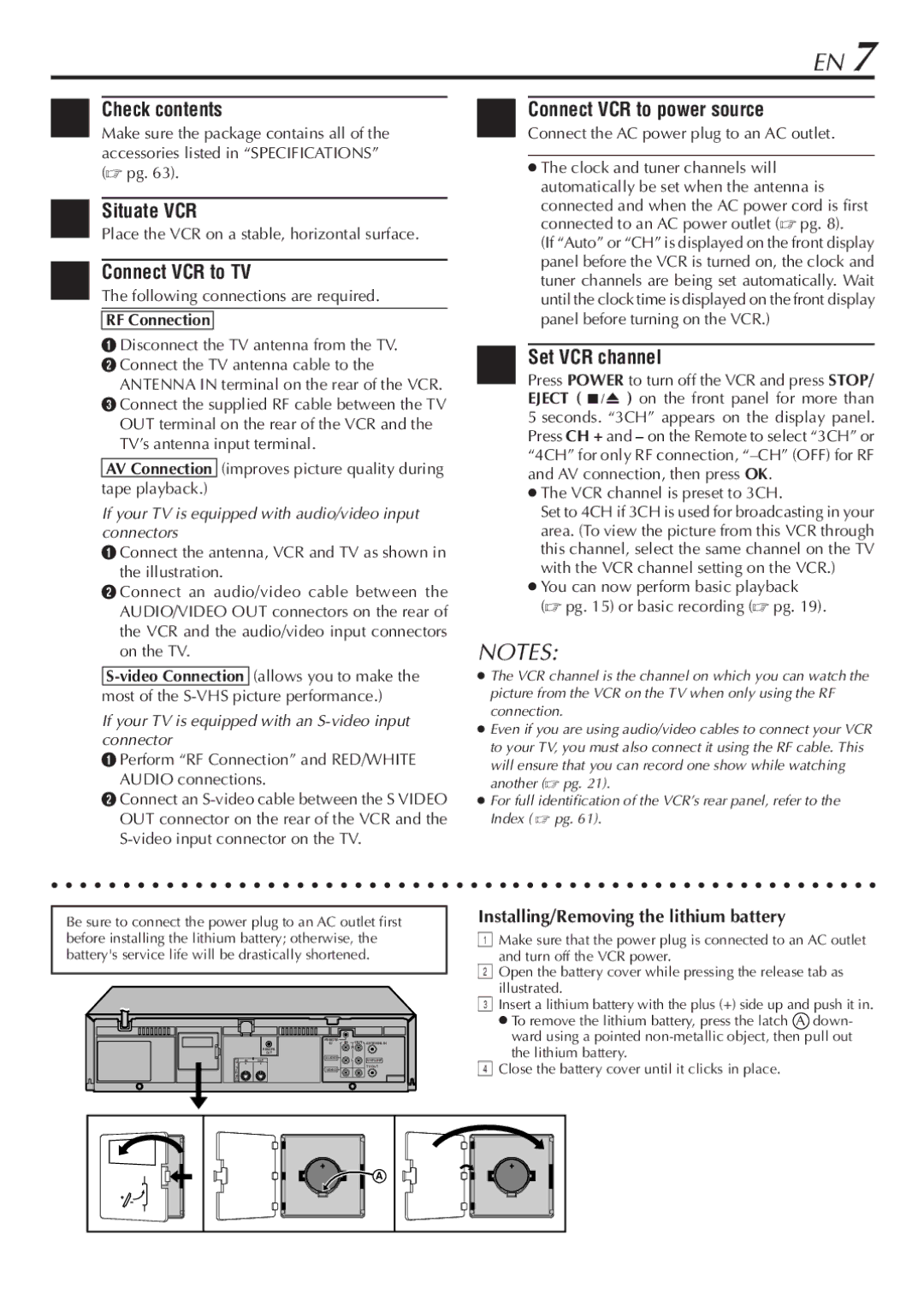 JVC SR-V10U manual Check contents, Situate VCR, Connect VCR to TV, Set VCR channel, Installing/Removing the lithium battery 