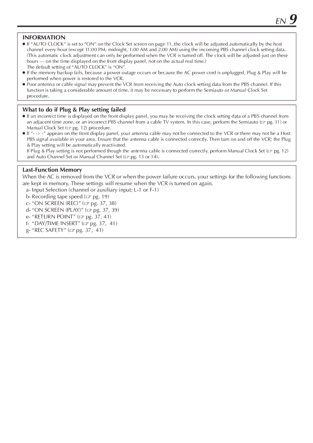 JVC SR-V10U manual What to do if Plug & Play setting failed, Last-Function Memory, DAY/TIME Insert pg , 41 g- REC Safety pg 