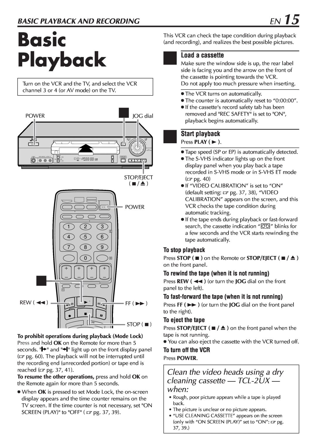 JVC SR-V10U manual Basic Playback And Recording, Load a cassette, 2Start playback, To stop playback, To eject the tape 