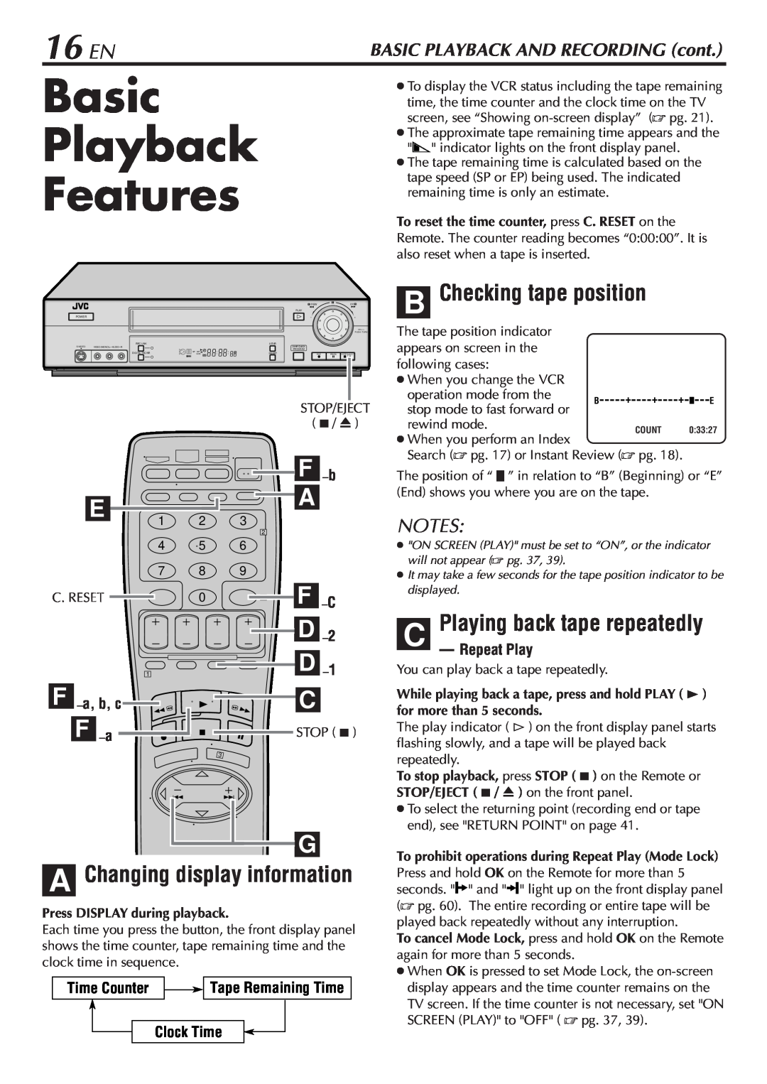 JVC SR-V10U manual Basic Playback Features, 16 EN, F –b, F -C, D, A Changing display information, B Checking tape position 