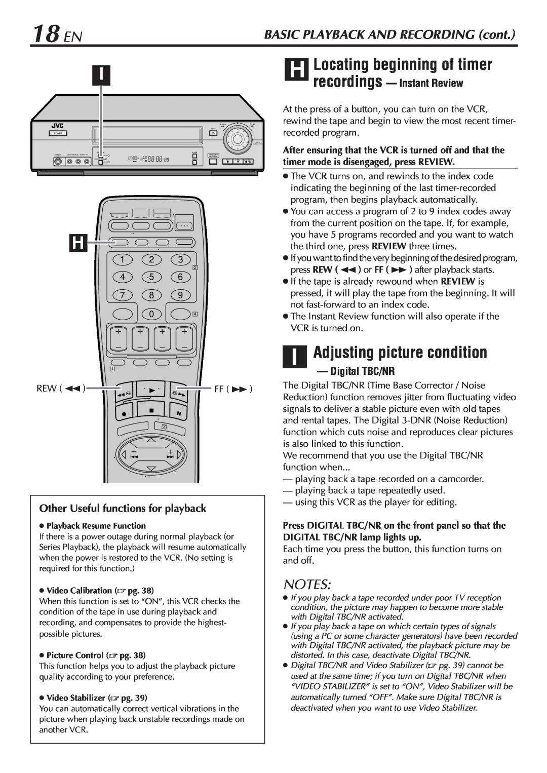 JVC SR-V10U manual 18 EN, H Locating beginning of timer, I Adjusting picture condition, recordings - Instant Review 
