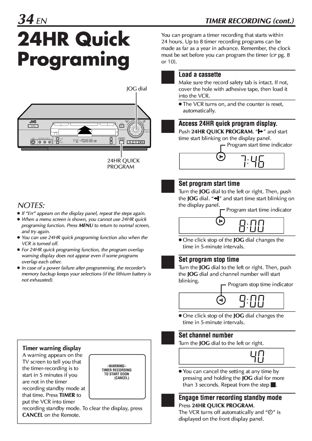 JVC SR-V10U 24HR Quick Programing, 34 EN, 2Access 24HR quick program display, 3Set program start time, Set channel number 