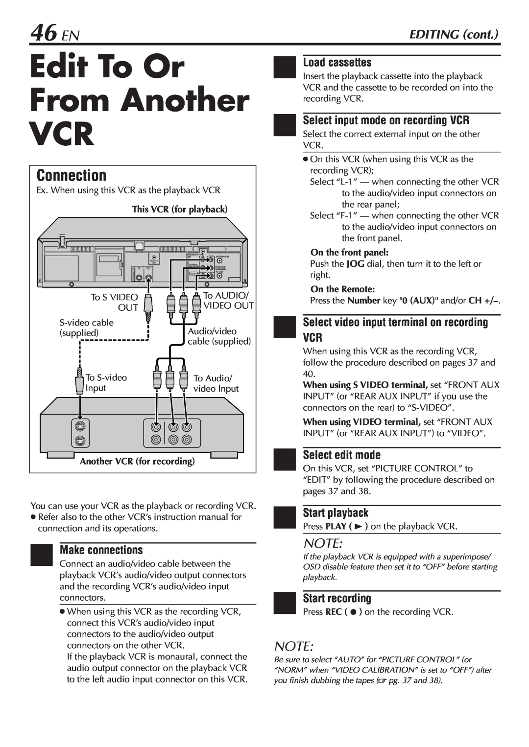 JVC SR-V10U Edit To Or From Another VCR, 46 EN, EDITING cont, Load cassettes, Select video input terminal on recording VCR 