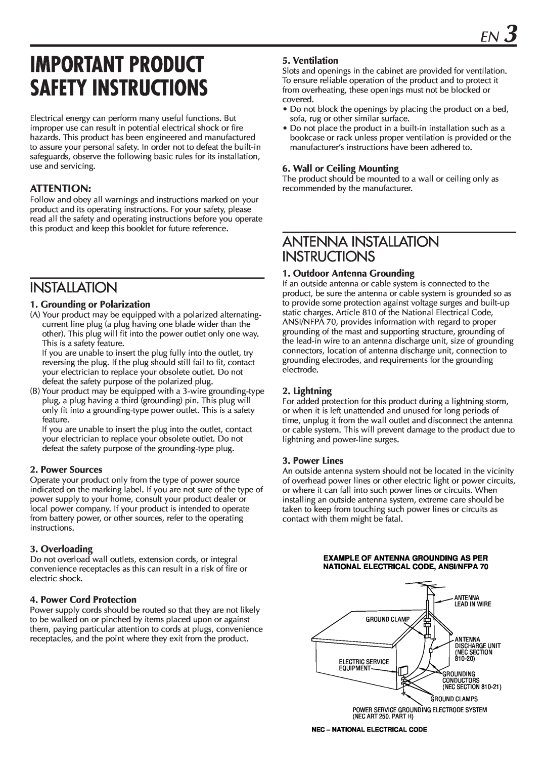 JVC SR-V10U manual Important Product Safety Instructions, Antenna Installation Instructions 