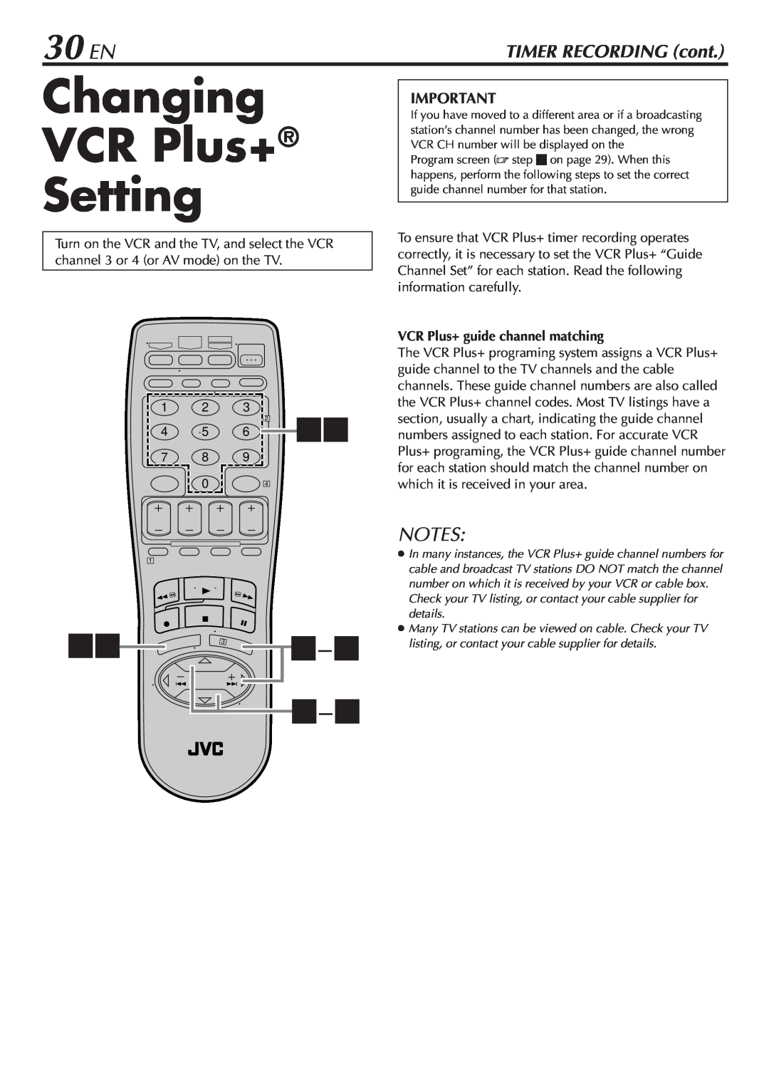 JVC SR-V10U manual Changing VCR Plus+ Setting, 30 EN, 162-5, TIMER RECORDING cont 