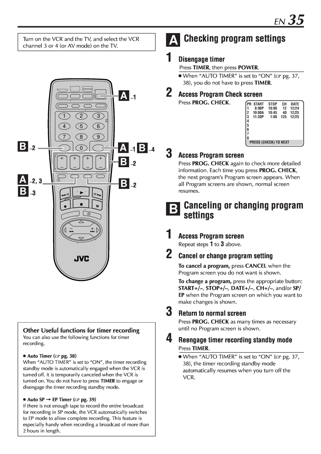 JVC SR-V10U manual A -1 B, A Checking program settings, Disengage timer, Access Program Check screen, A -2,3 