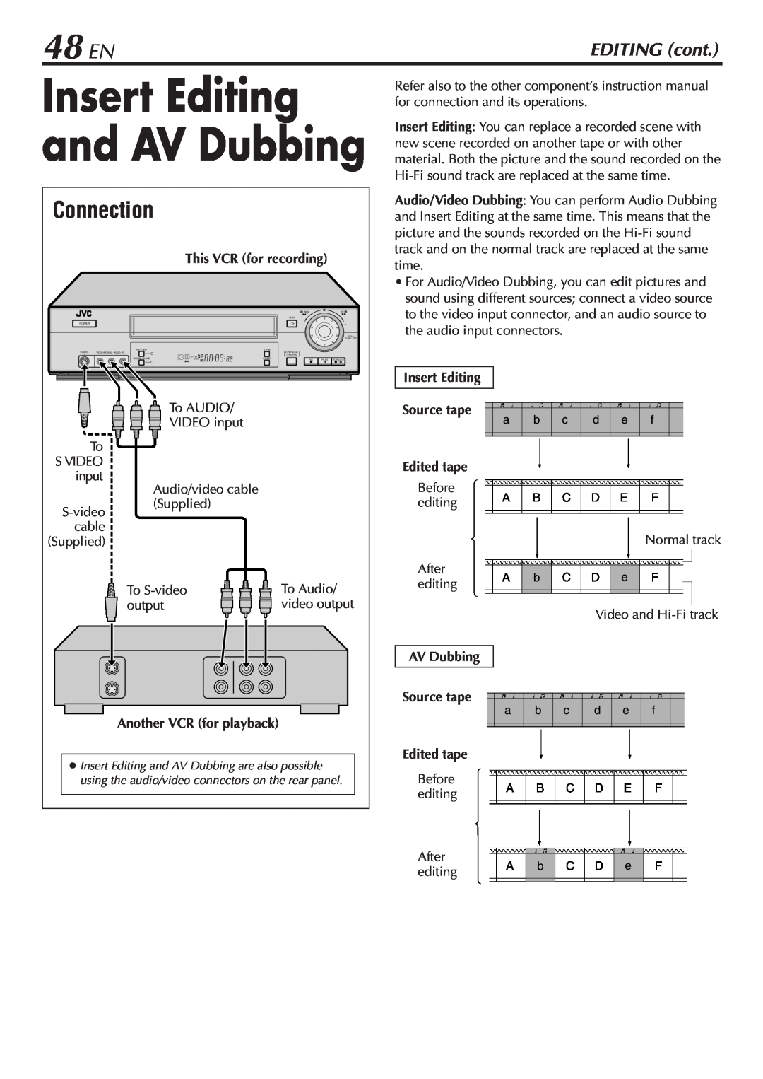 JVC SR-V10U manual 48 EN, Insert Editing and AV Dubbing, Connection, EDITING cont 