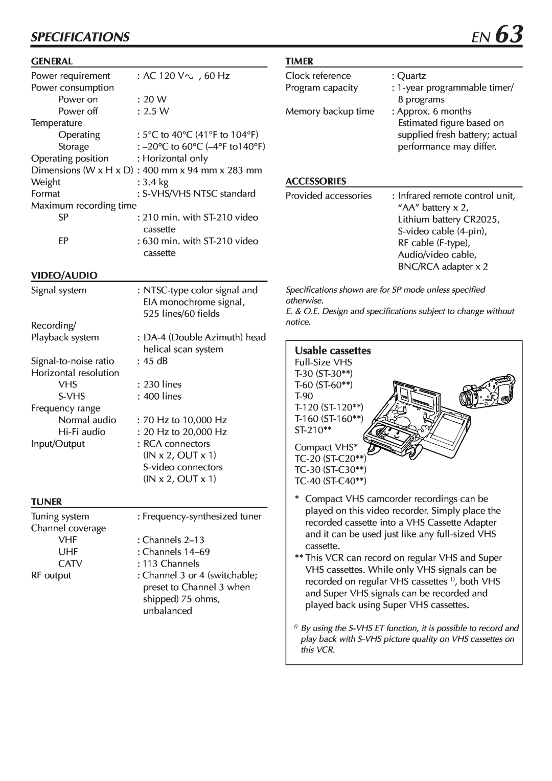 JVC SR-V10U manual Specifications, Usable cassettes 