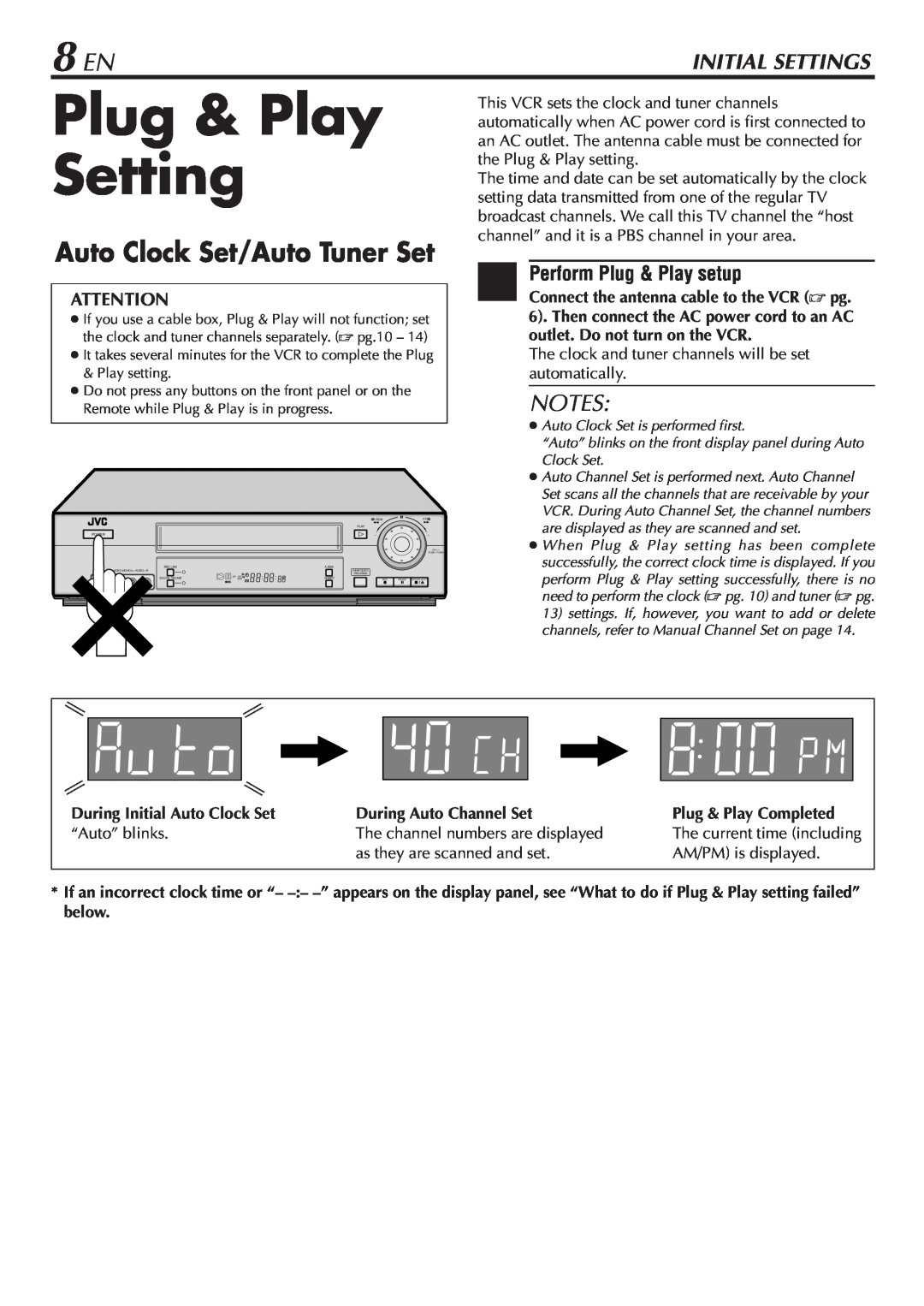 JVC SR-V10U manual Plug & Play Setting, 8 EN, Auto Clock Set/Auto Tuner Set, Initial Settings, 1Perform Plug & Play setup 