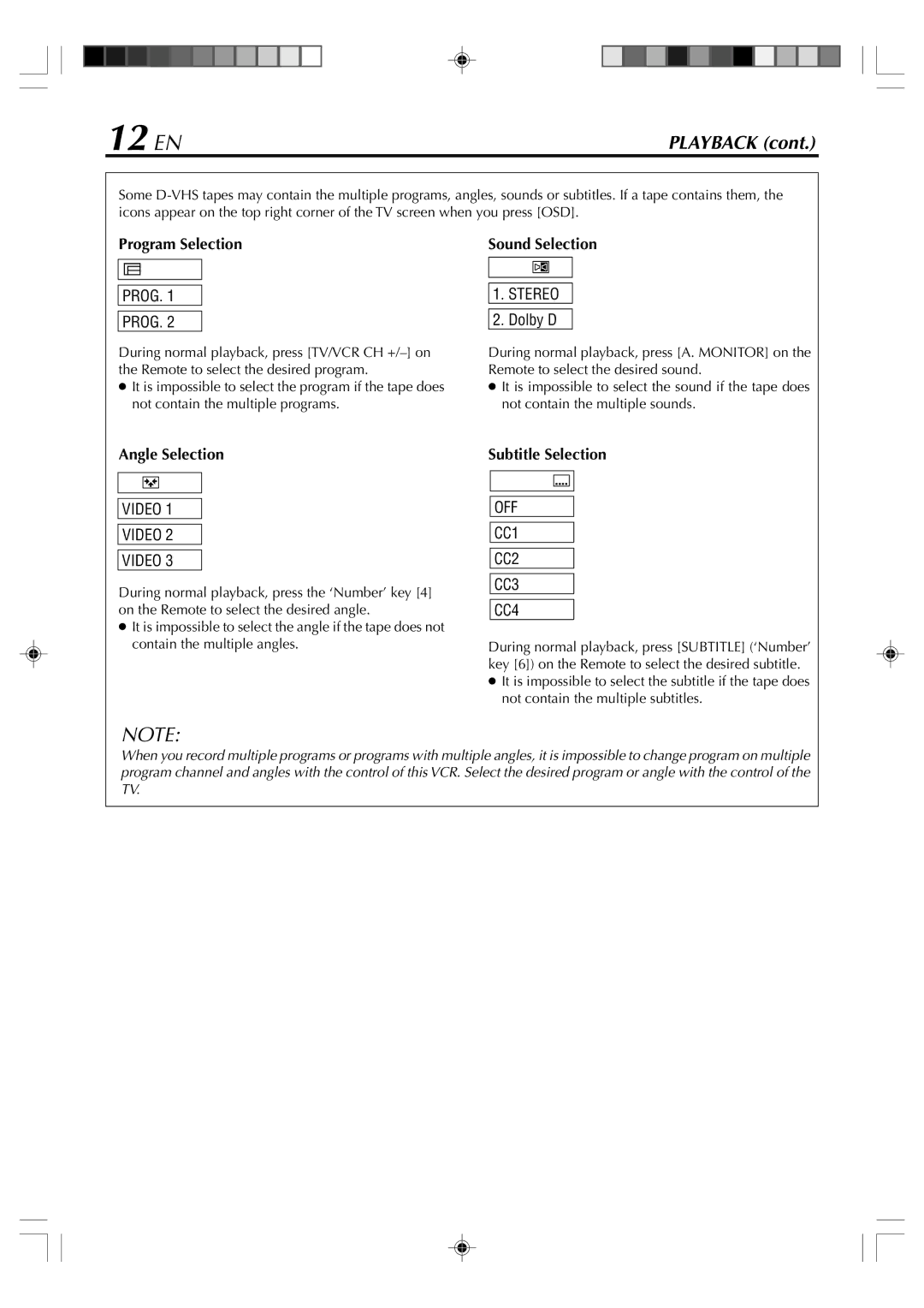 JVC SR-VD400E manual 12 EN, Program Selection, Angle Selection, Subtitle Selection, Sound Selection 
