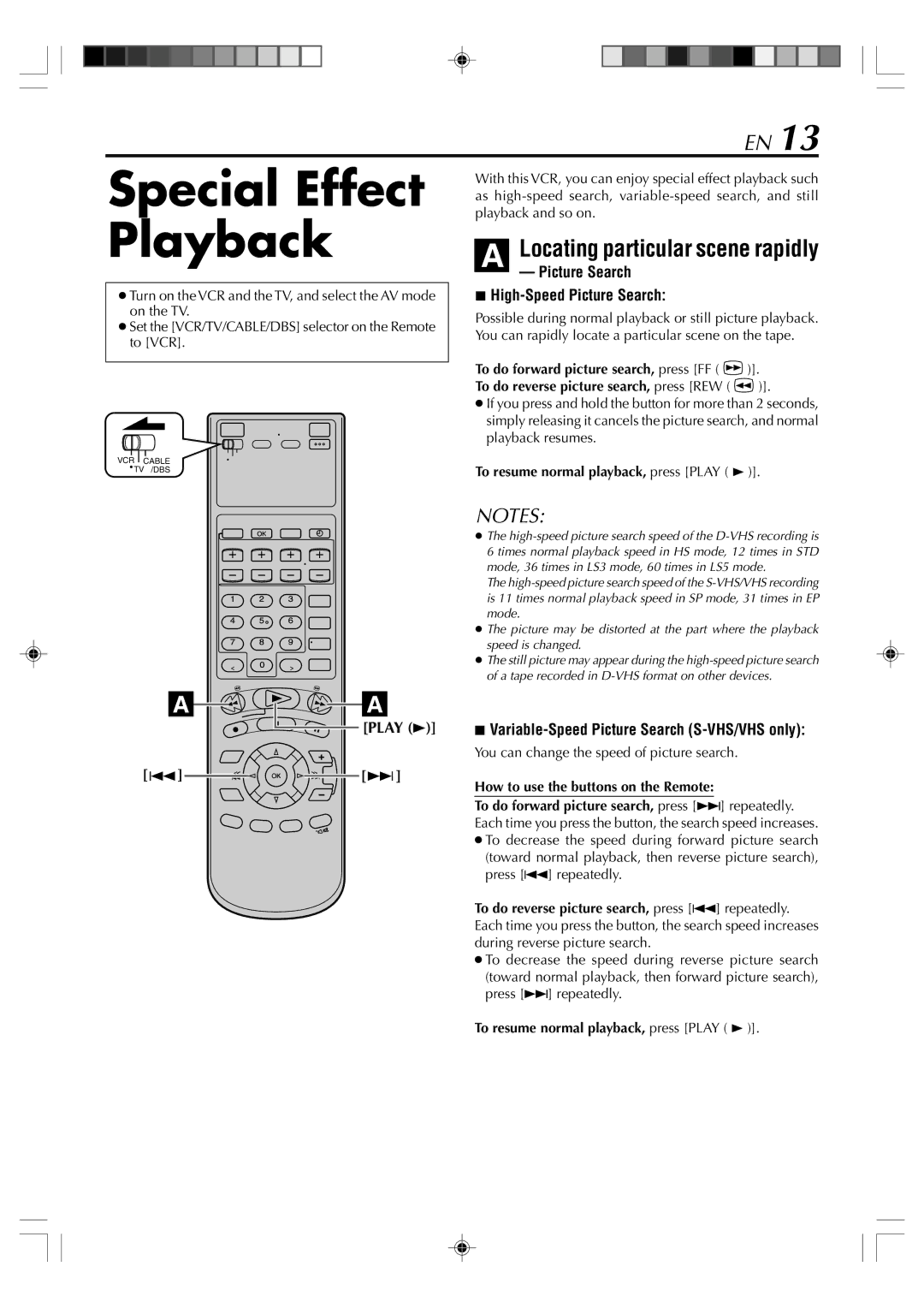 JVC SR-VD400E manual Special Effect Playback, High-Speed Picture Search, Variable-Speed Picture Search S-VHS/VHS only 