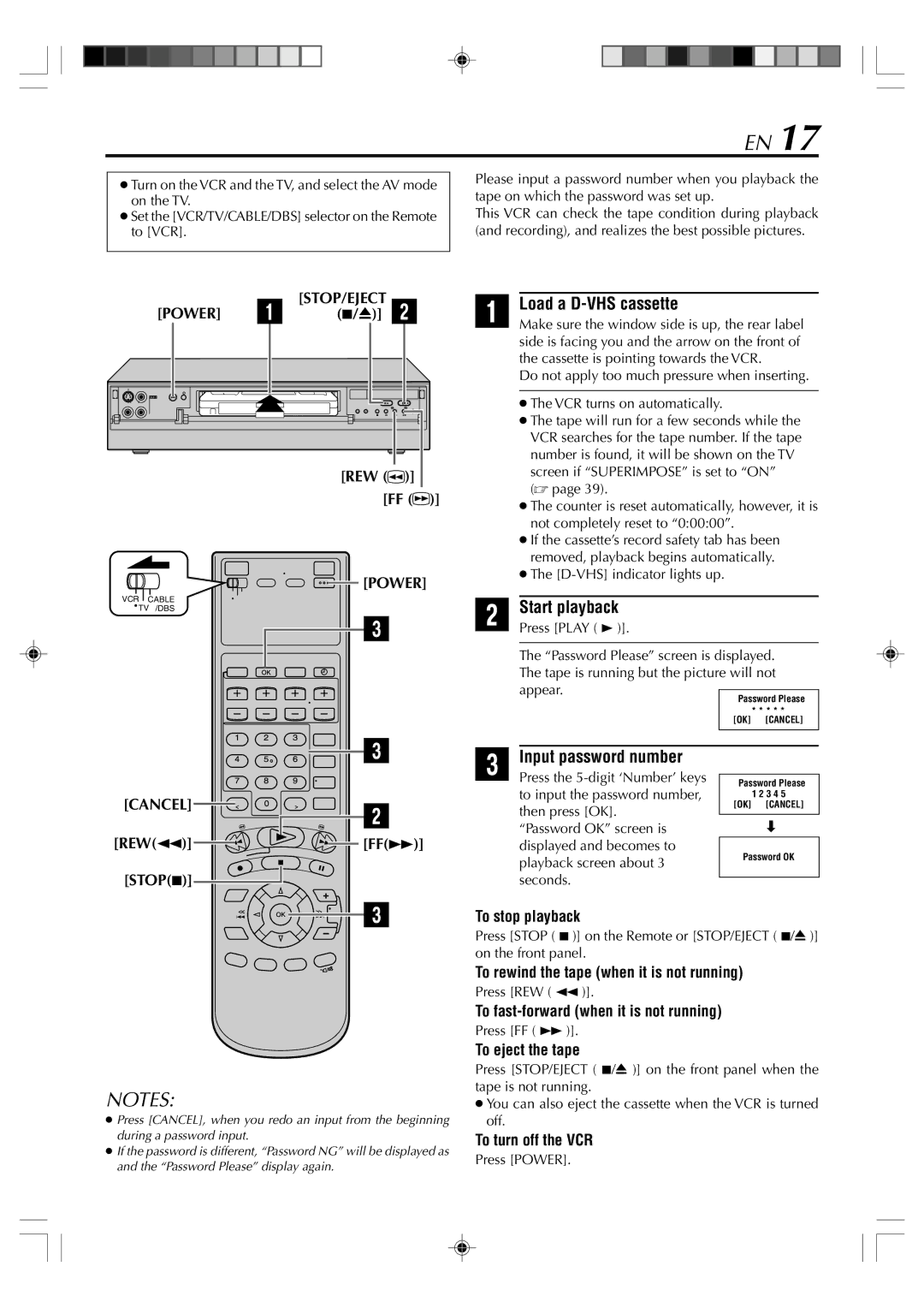 JVC SR-VD400E manual Input password number, REW FF Power 